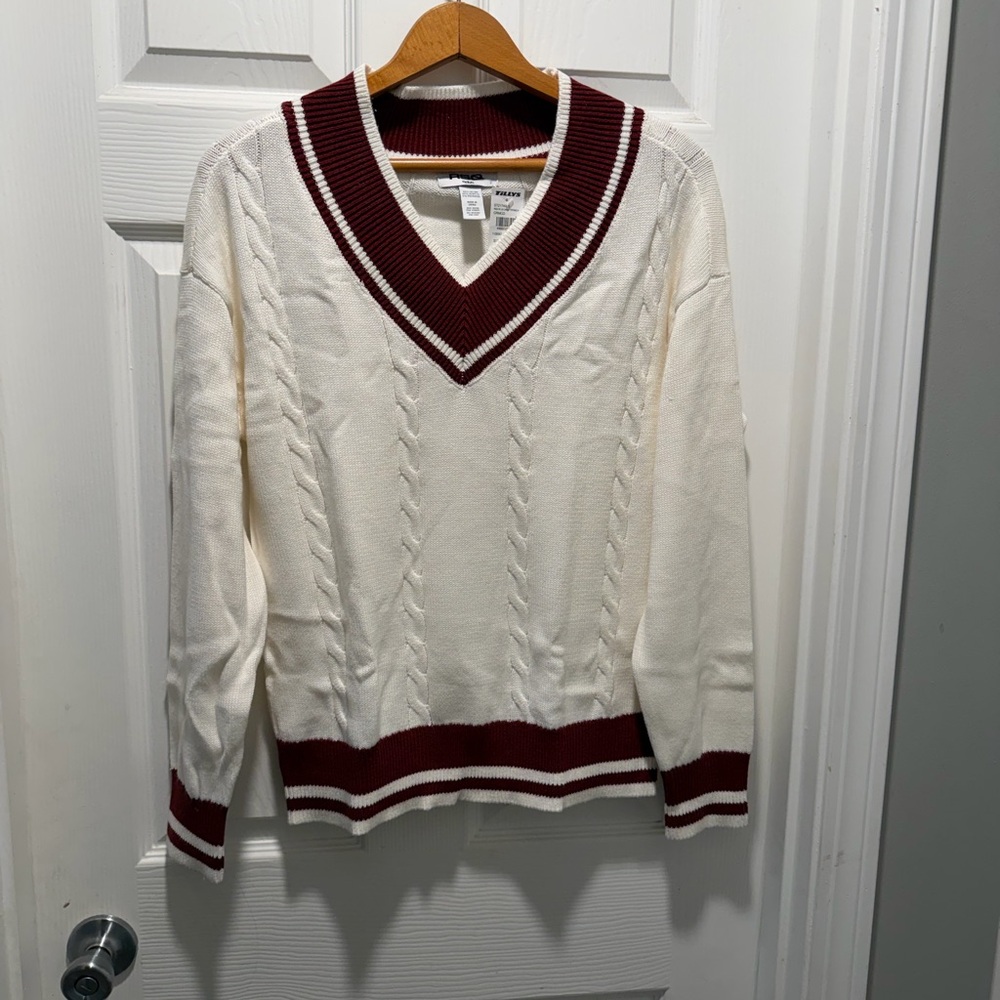 RSQ Cream and Burgundy V-Neck Sweater